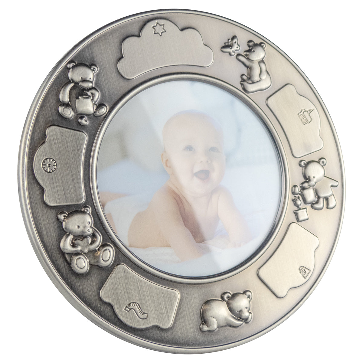 Fotoram Nallar rund med dopmotiv i tennfinish i tenn 17 cm
